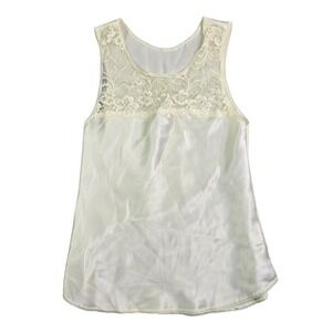 Vintage 70s Maidenform Camisole Women 32 Small Ivory Satin Lace Trim Cami Tank